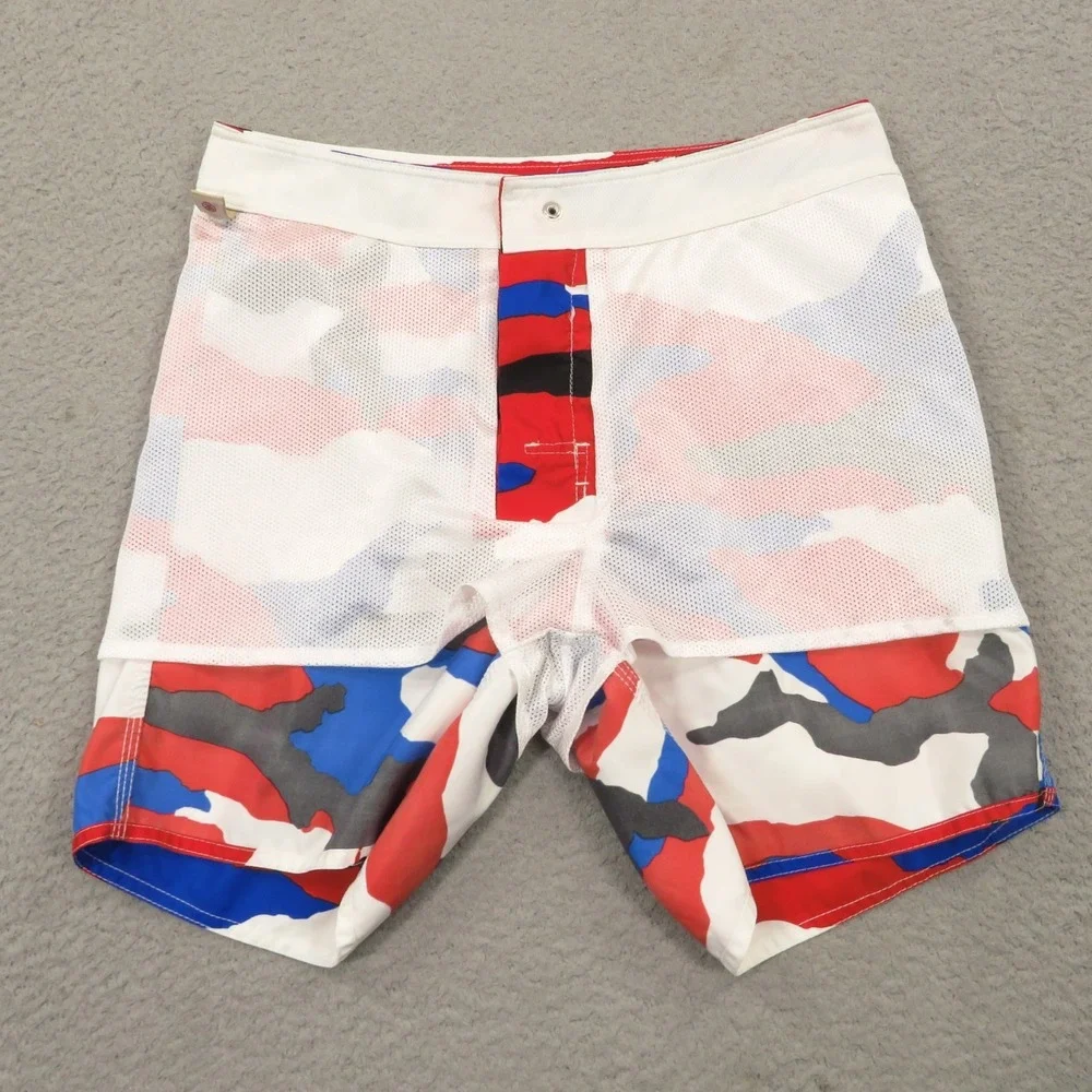 Stussy Mens Camo Swim Trunks 32 Blue Red White Board Shorts 6in Inseam